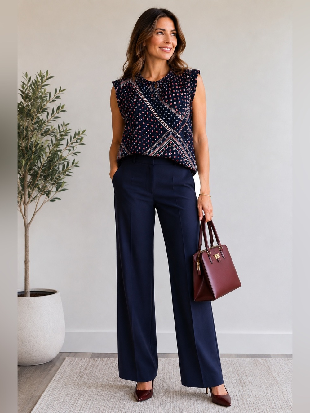 Sleeveless Navy Patchwork Print Blouse